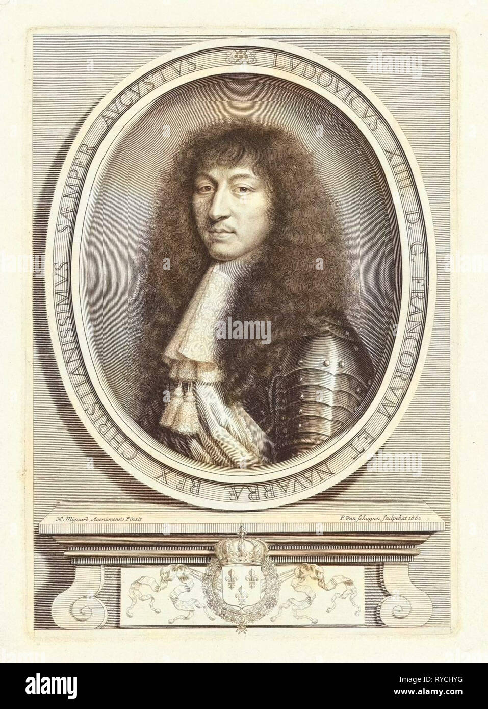 Porträt von Louis XIV, König von Frankreich, mit Spitzenkragen mit zwei Bürsten, Pieter van Schuppen, Nicolas Mignard, 1662 Stockfoto