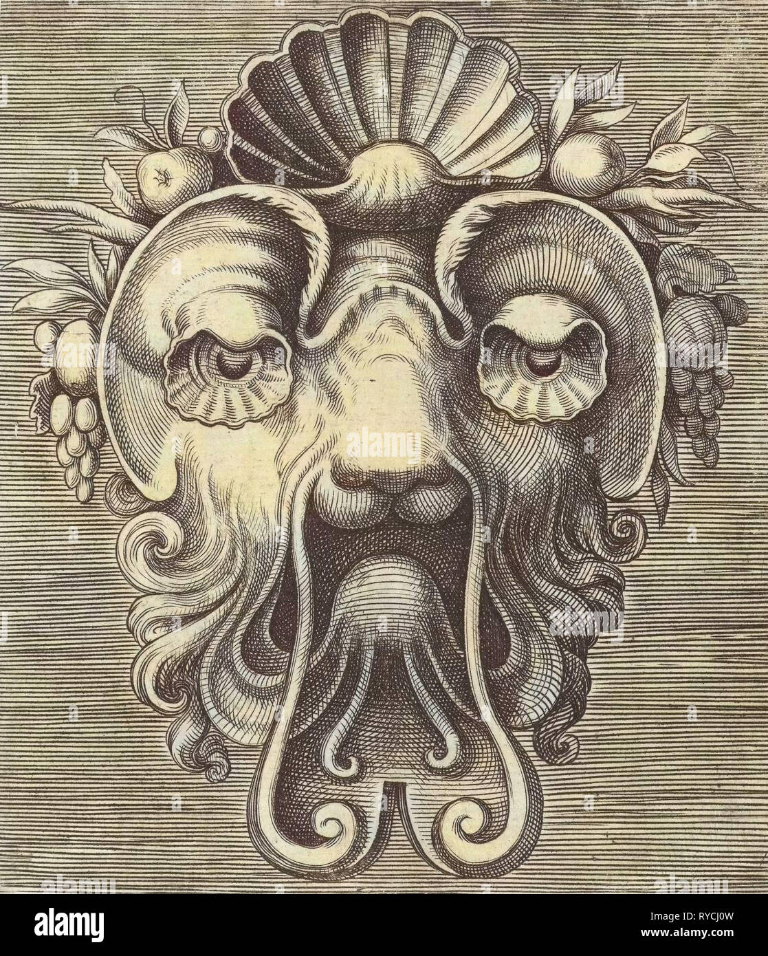 Maske mit Schalenförmigen Augen und einer Shell zwischen Fruchtstände auf der Stirn, Frans Huys, Cornelis Floris (II), Hans Liefrinck (I), 1555 Stockfoto