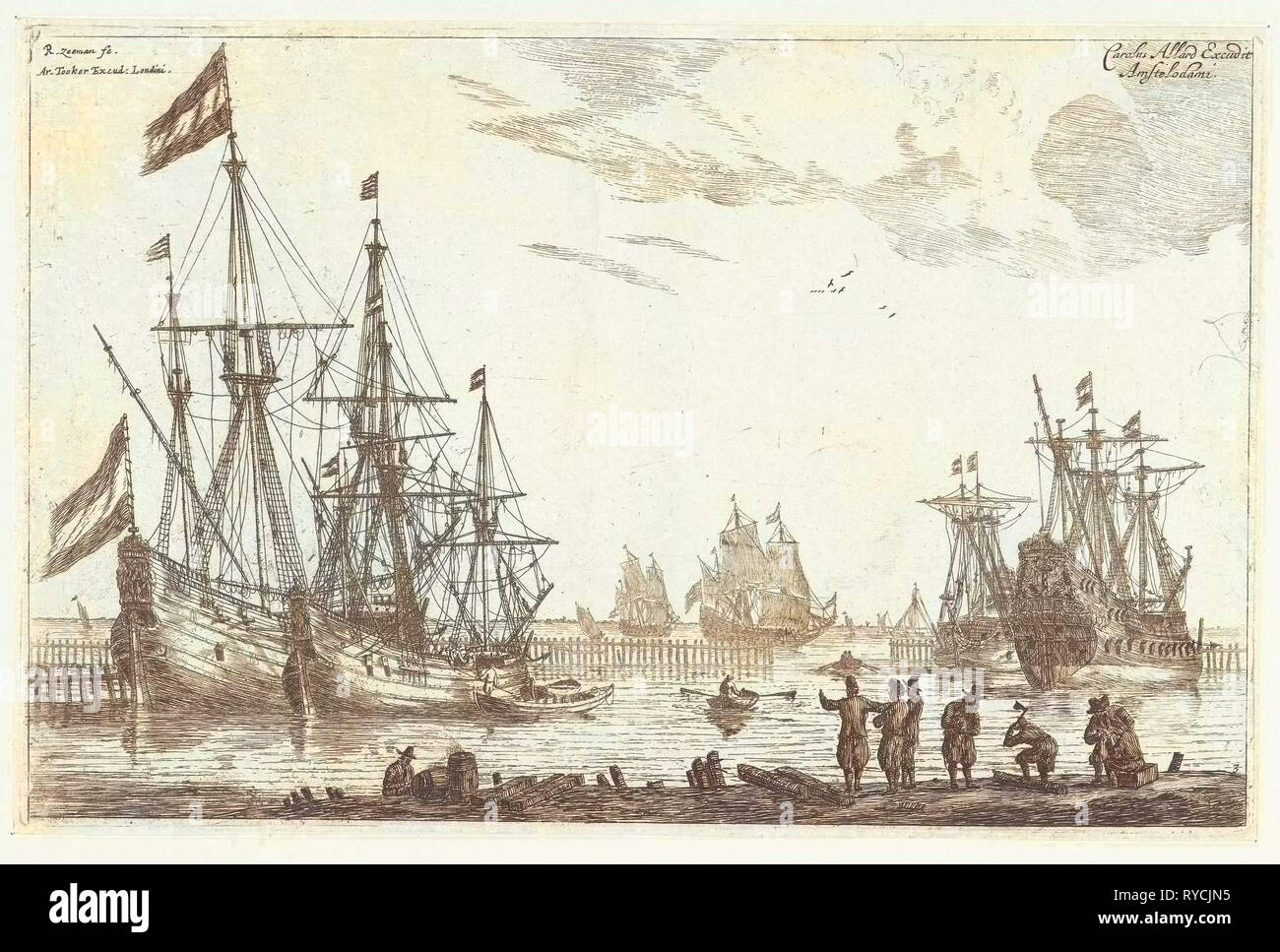 Vier Segel hinter einem Wellenbrecher, Reinier Nooms, 1650 - vor 1705 Stockfoto