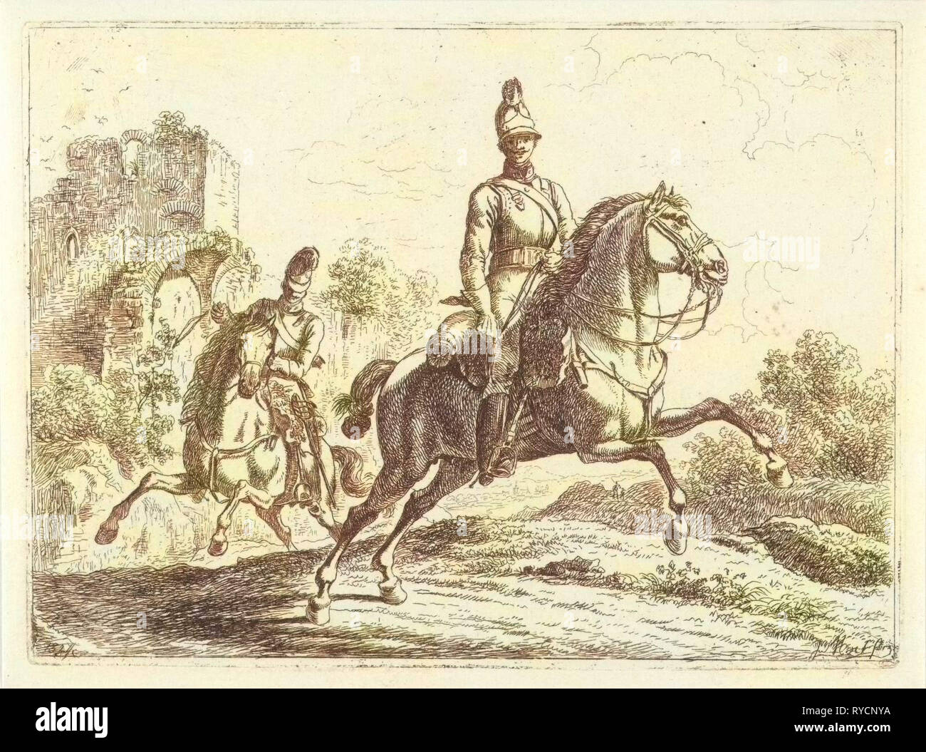 Zwei Soldaten auf dem Pferderücken, Johannes Mock, 1821-1827 Stockfoto