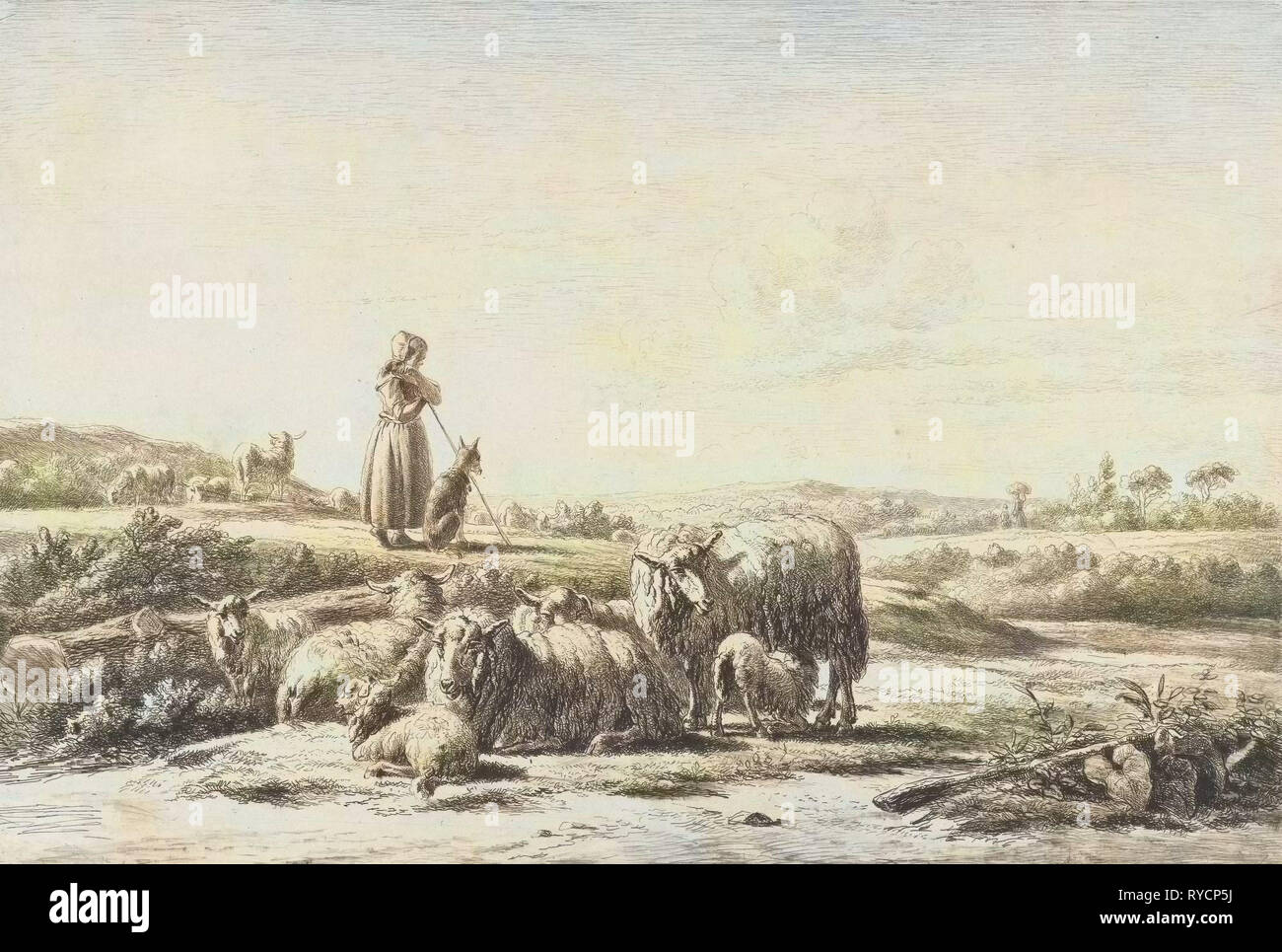 Landschaft mit Schäferhund Schafe hüten, Simon van Den Berg, 1822-1899 Stockfoto