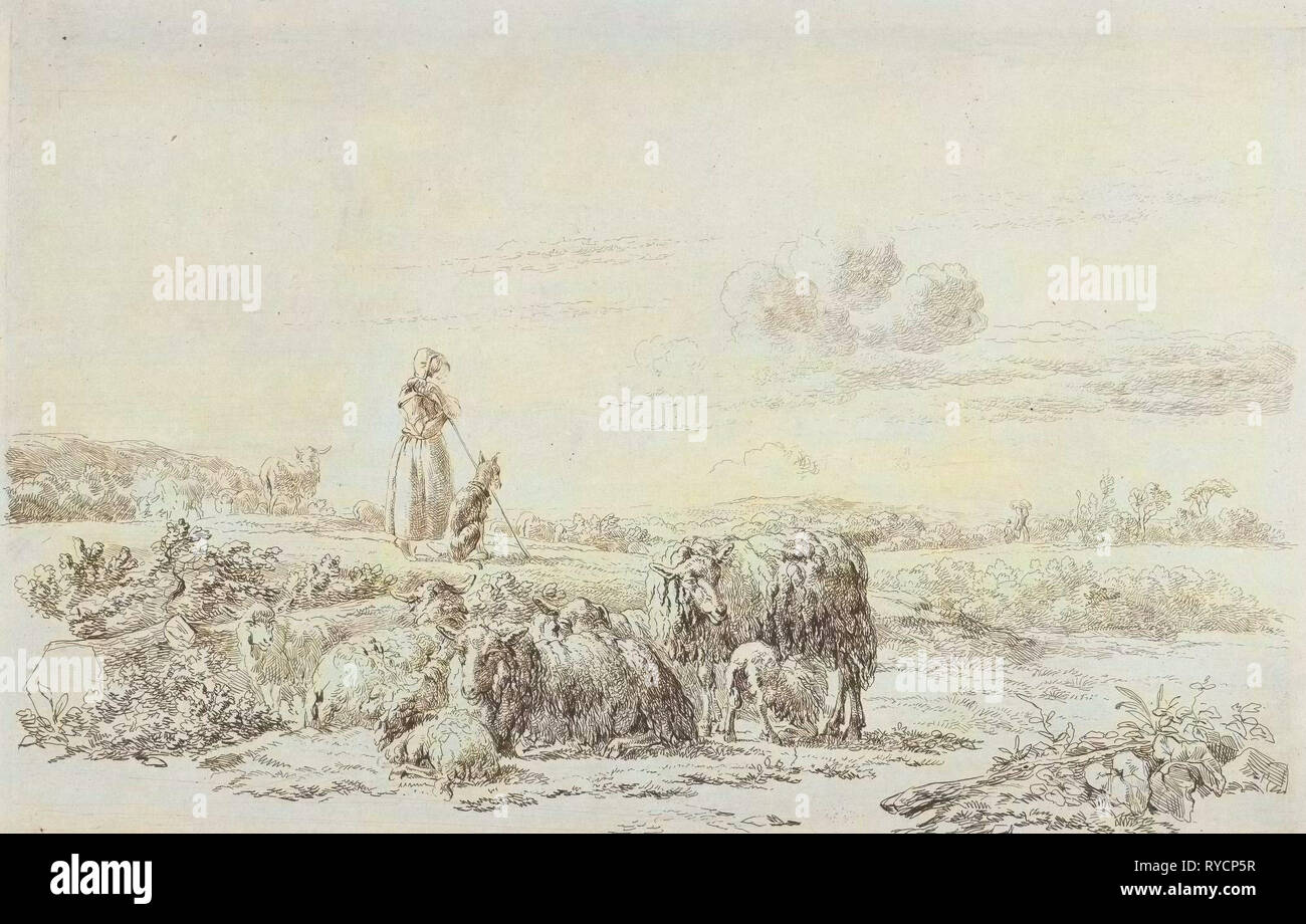 Landschaft mit Schäferhund Schafe hüten, Simon van Den Berg, 1822-1899 Stockfoto