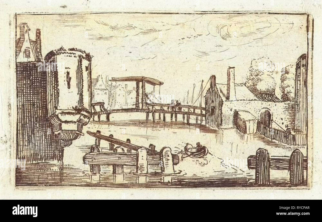 Kanal mit Zugbrücke in einer Stadt, Anonymous, 1613-1680 Stockfoto