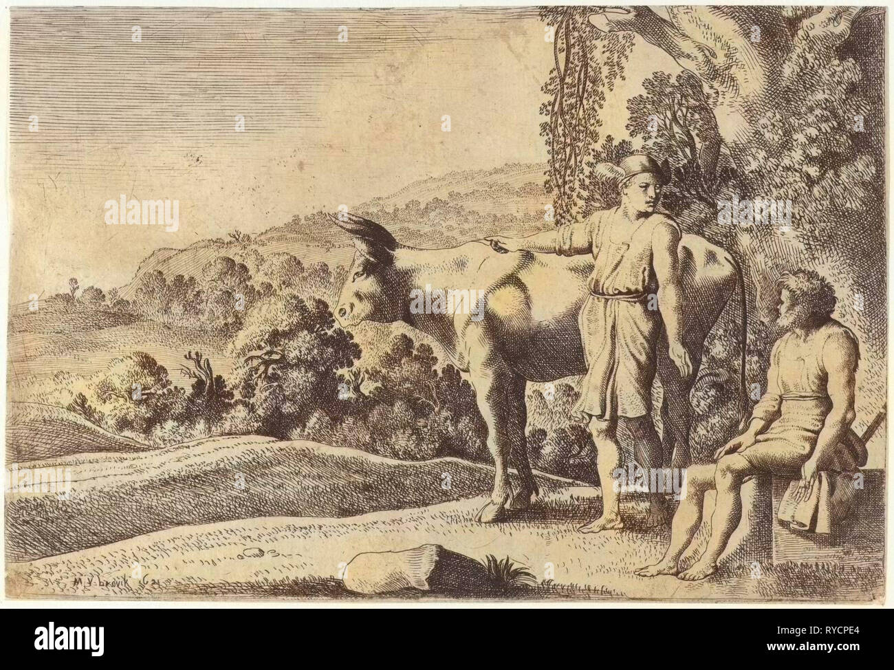 Quecksilber ist sie auf die Kuh Io und sieht bei Argus, die auf einen Steinblock sitzt, Szene aus Ovids Metamorphosen, Met. I, 679-688, drucken Teekocher: Moyses van Wtenbrouck (auf Objekt erwähnt), Dating 1621 Stockfoto