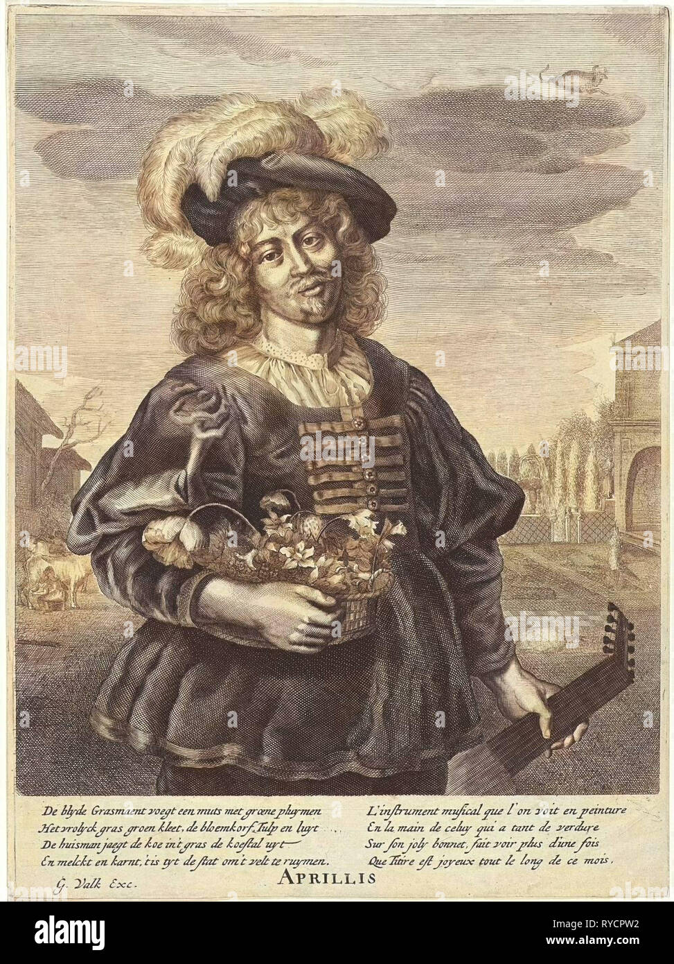 April: Junger Mann mit Blumenkorb, Anonymous, Jonas Suyderhoef, Joachim von Sandrart, 1670-1726 Stockfoto