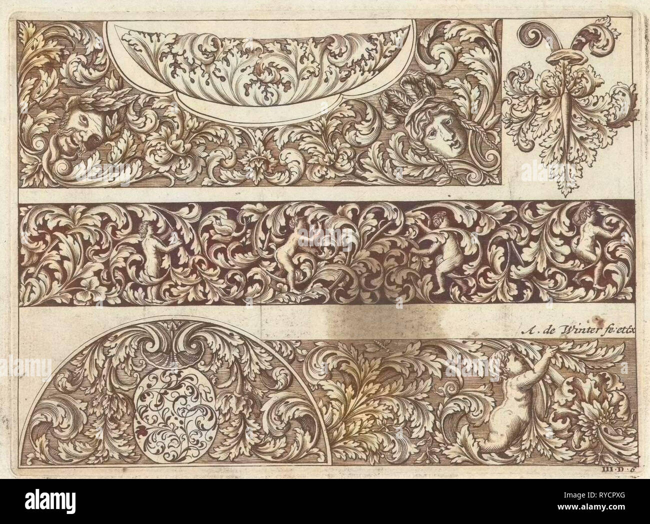 Drei Streifen mit Laubbaume Schriftrollen, Masken und Putten, Anthonie de Winter, anonym, 1696 Stockfoto