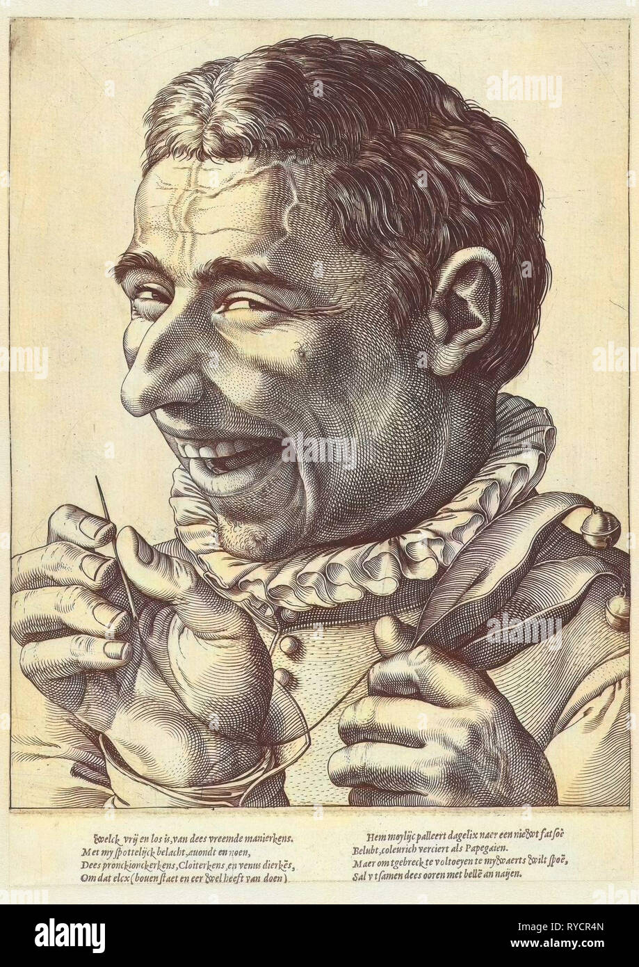 Lachend Jester mit Nadel und Faden, Hendrick Goltzius, anonym, 1590-1610 Stockfoto