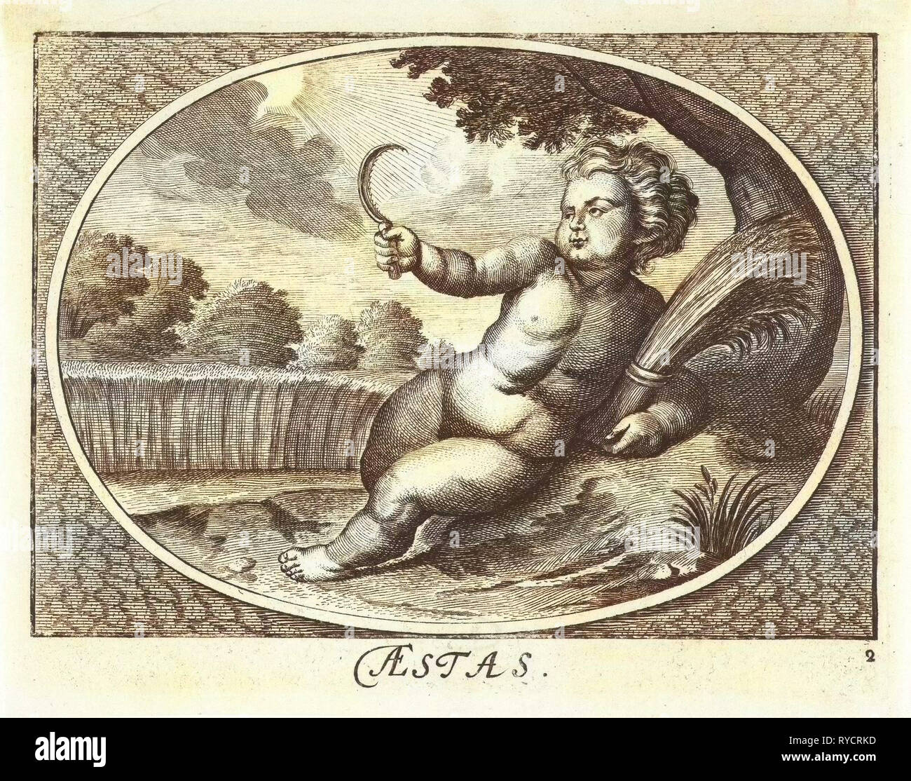 Sommer in Form von Kind mit Sense und garbe von Mais in der Nähe von cornfield, Cornelis Van Dalen II, Anonym, Joh. Christoph Schmidhammer, 1735 - 1750 Stockfoto