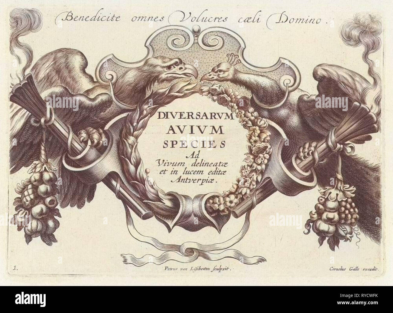 Kartusche, flankiert von einem Adler und einem Pfau, Pieter van Lisebetten, Cornelis Galle, 1654-1678 Stockfoto