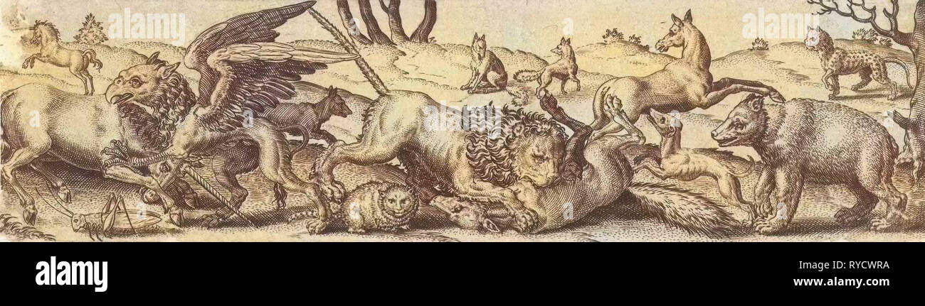 Kampf gegen Tiere in einer Landschaft, Abraham de Bruyn, 1579 Stockfoto