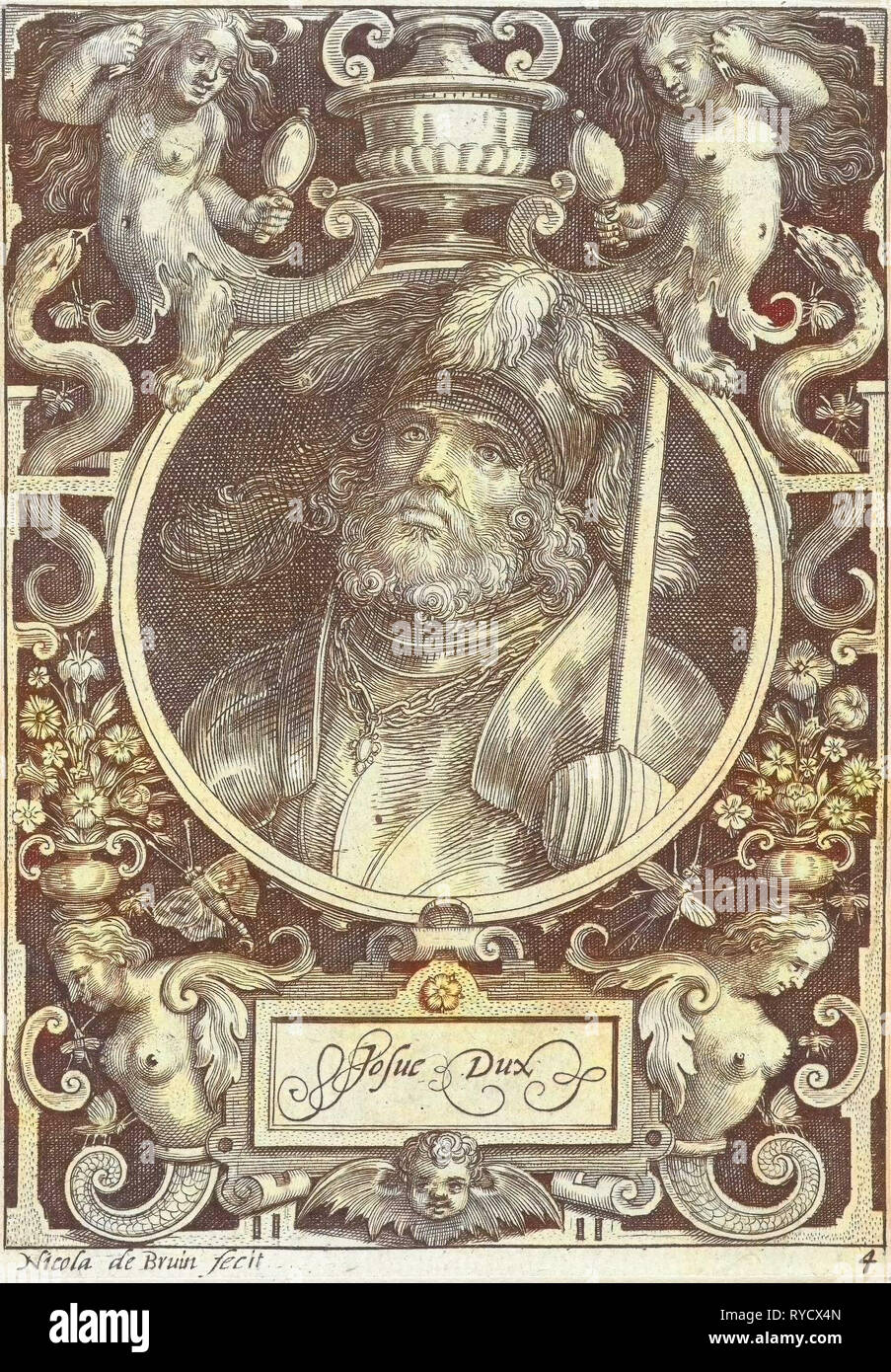 Porträt von Joshua Medaillon in rechteckigen Rahmen mit Ornamenten, Nicolaes de Bruyn, 1594 Stockfoto