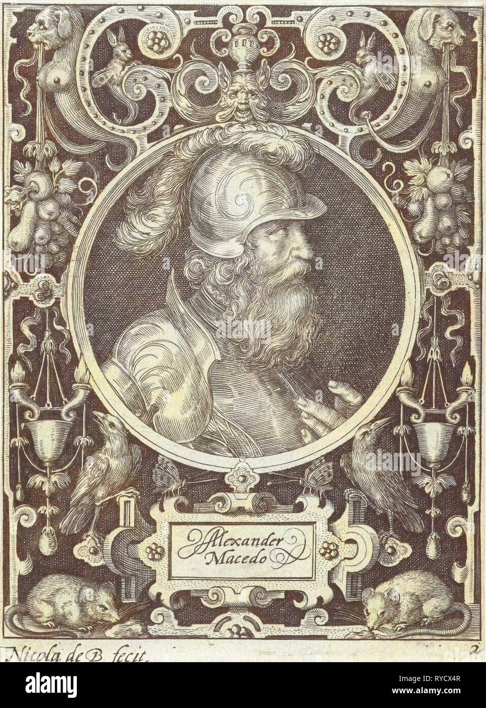 Porträt von Alexander dem großen im Medaillon in rechteckigen Rahmen mit Ornamenten, Nicolaes de Bruyn, 1594 Stockfoto