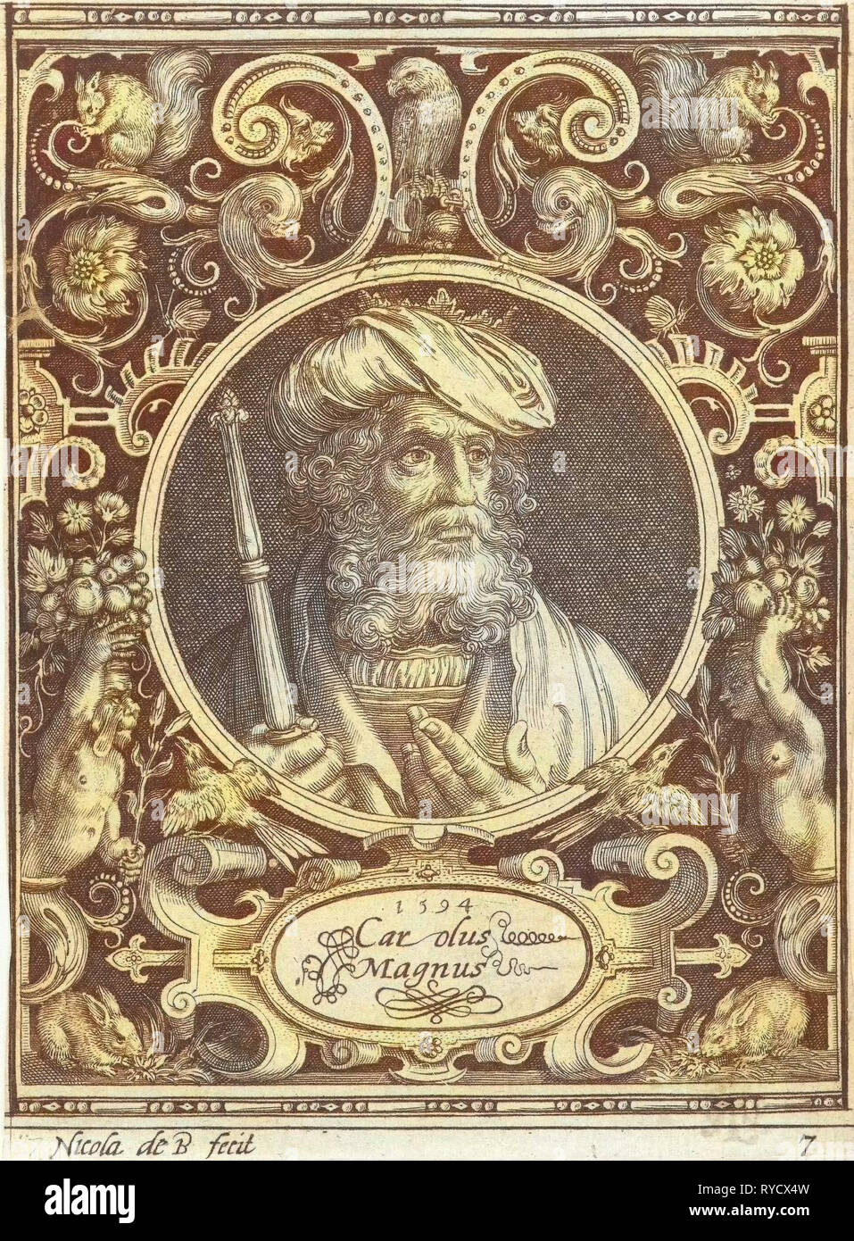Porträt von Karl dem großen im Medaillon in rechteckigen Rahmen mit Ornamenten, Nicolaes de Bruyn, 1594 Stockfoto