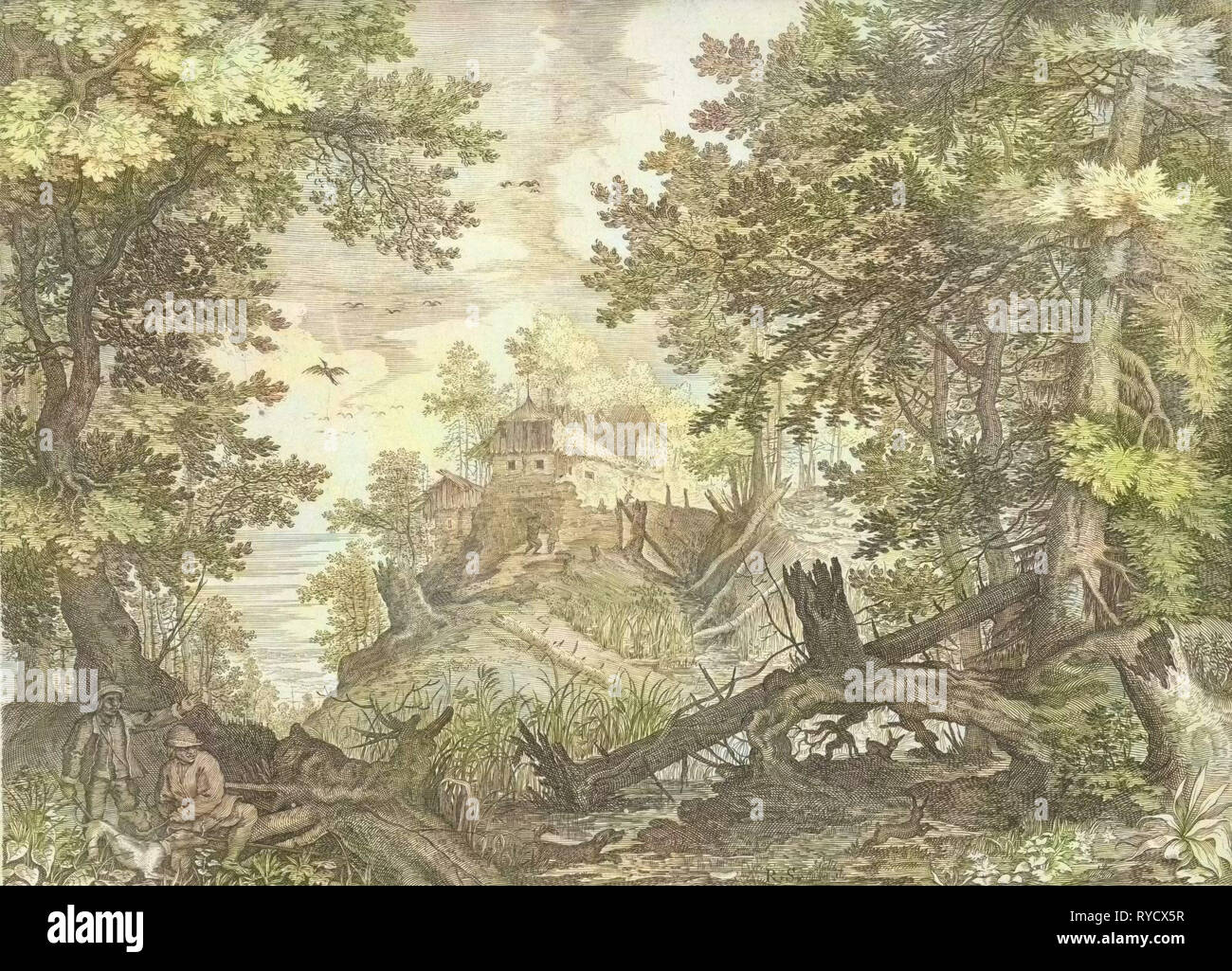 Bewaldete Landschaft mit zwei Jäger und einem Hund, Aegidius Sadeler, Roelant Savery, 1609 Stockfoto
