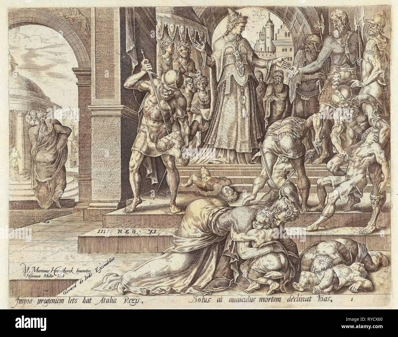 Königin Athaliah Aufträge des Königs Kinder getötet werden, Harmen Jansz Muller, Hadrianus Junius, Gerard de Jode, 1565-1569 Stockfoto