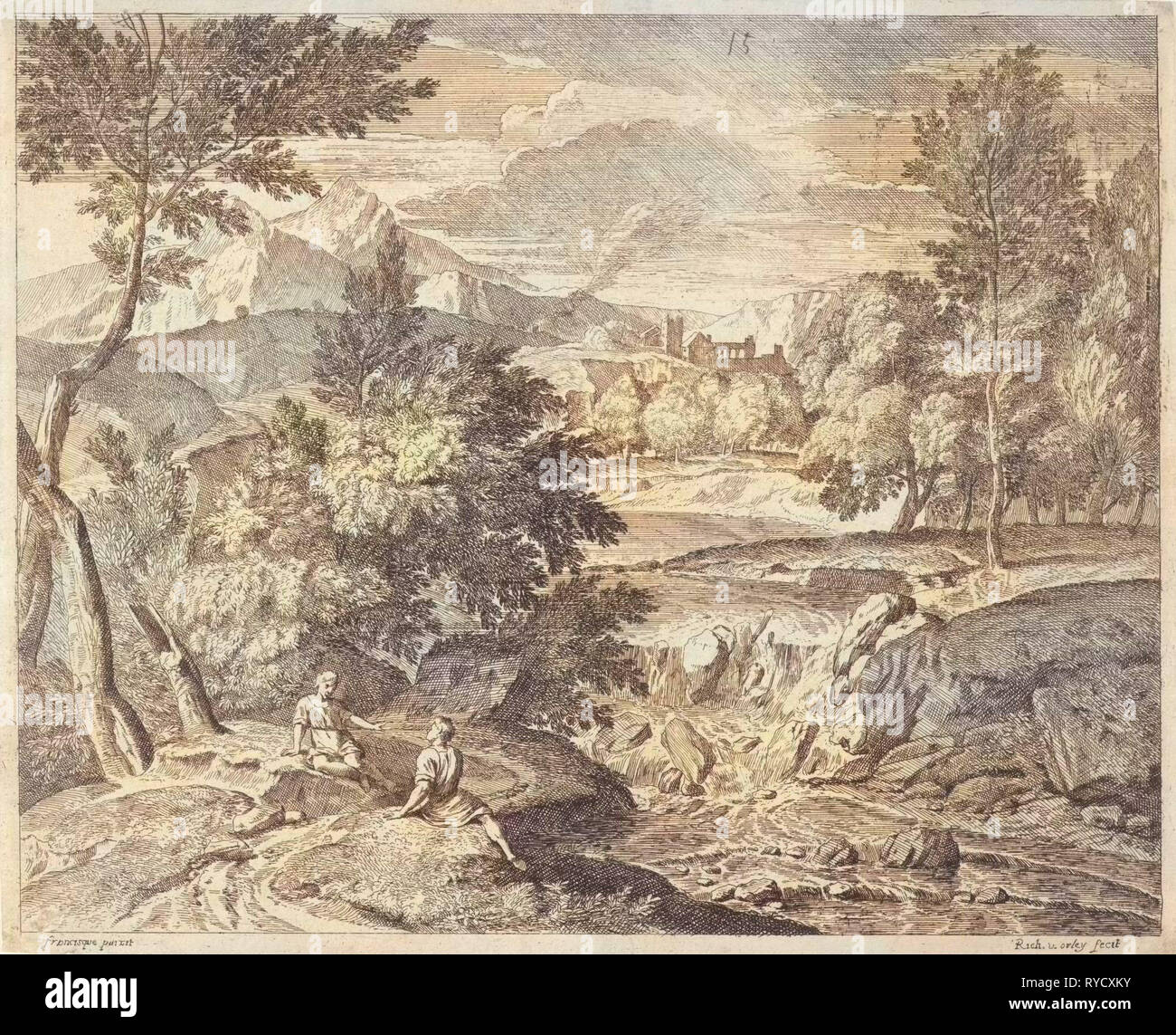 Arkadische Landschaft mit zwei Figuren an einem Wasserfall, Richard van Orley, 1678-1732 Stockfoto