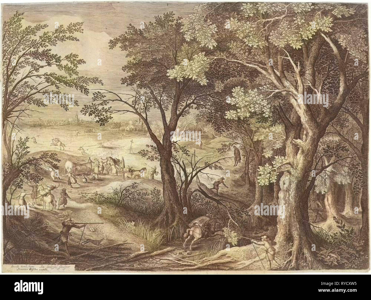 Wegelagerer Raub Reisende in einer Landschaft, Jan van Londerseel, Claes Jansz. Visscher (II), 1601-1652 Stockfoto