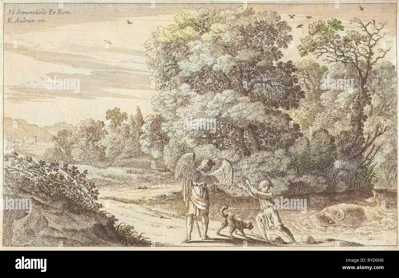 Tobias schreckt den Fisch, Herman van Swanevelt, Charles Audran, 1629-1641 Stockfoto