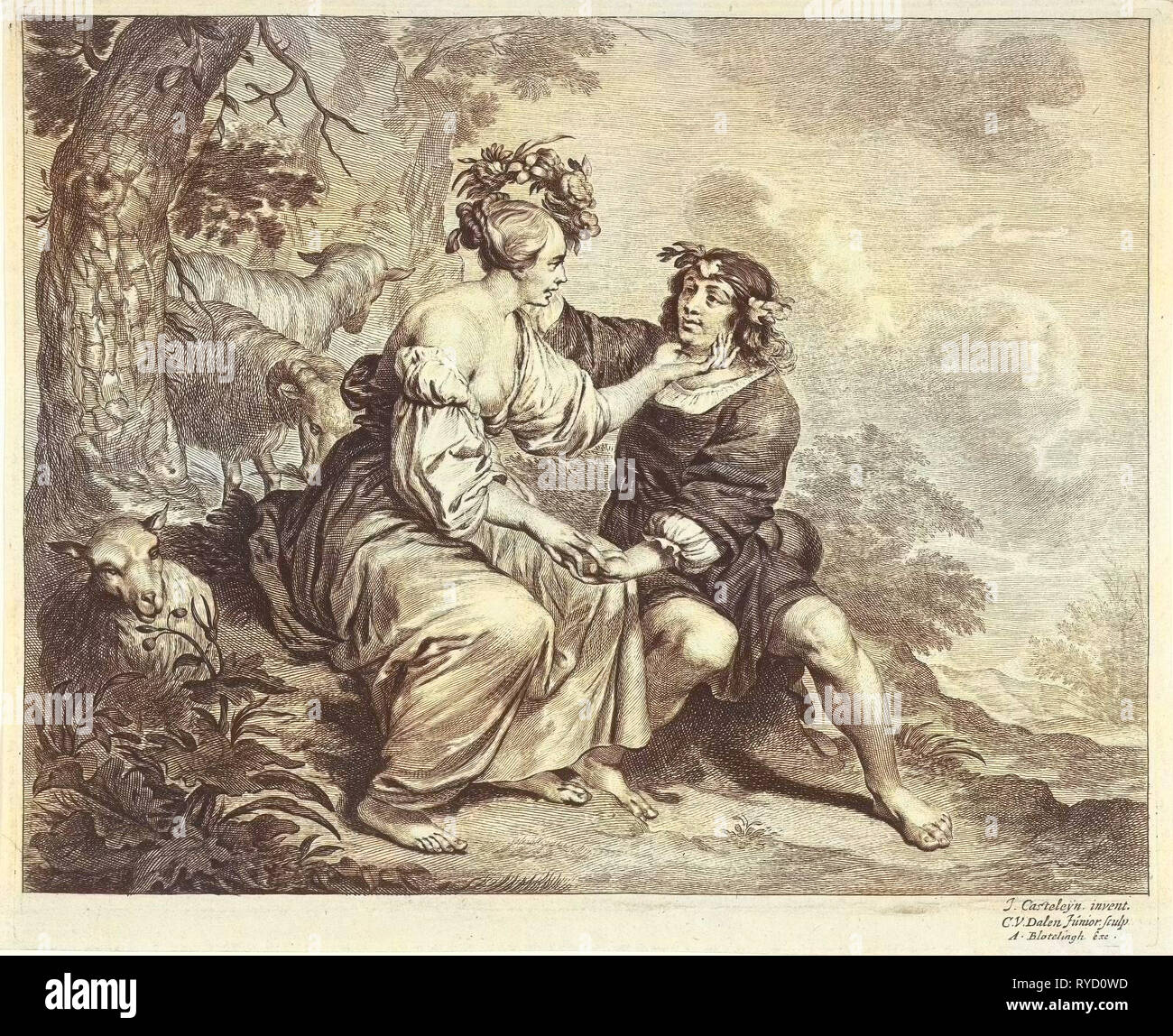 Schäfer und Schäferin in Landschaft, van Cornelis Dalen (II), Abraham Bloteling, 1648-1664 Stockfoto