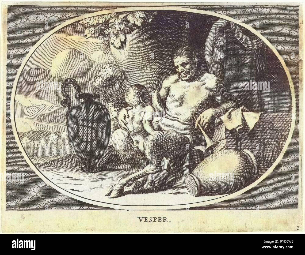 Satyr mit Kind sitzen am Baum, Cornelis van Dalen (II), Charles Le Brun, 1648-1664 Stockfoto