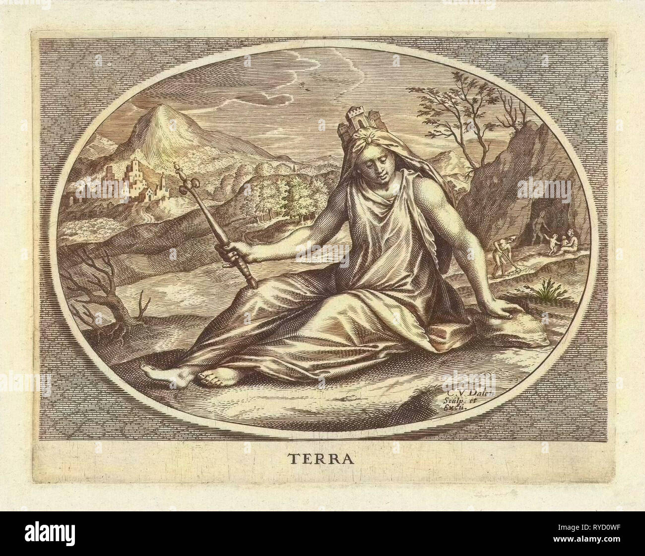 Weibliche Personifizierung der Erde-Element-Wand mit Krone und Zepter, Cornelis van Dalen II, 1648-1664 Stockfoto