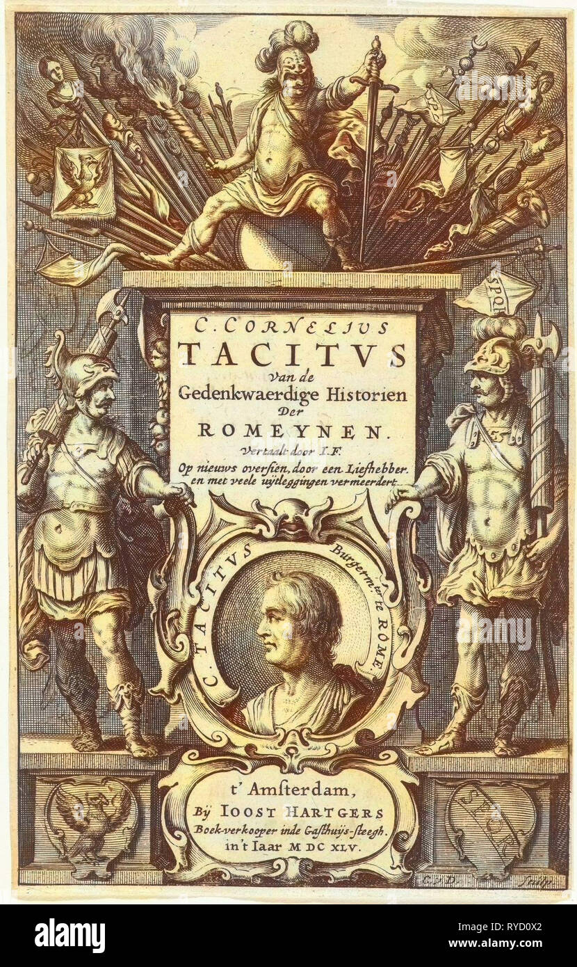 Gott thront auf dem Mars Spalte mit Kriegsbeute und Portrait von Tacitus in Kartusche von zwei römischen Soldaten flankiert, Cornelis Van Dalen (I), Joost Hartgers, 1645 Stockfoto