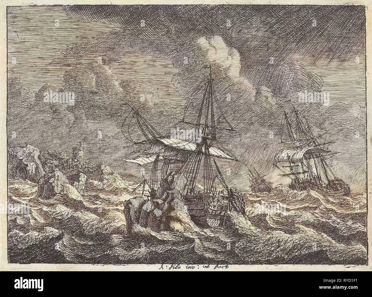 Drei Segelschiffe in einem Sturm in der Nähe von einem felsigen Ufer, Adam Silo, 1689-1760 Stockfoto