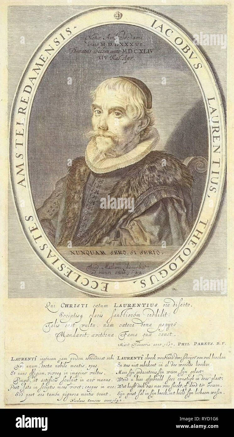 Porträt des Amsterdam Theologen Jacobus Laurentius, print-Hersteller: Theodor Matham (erwähnt auf Objekt), aus dem Jahre 1645 Stockfoto