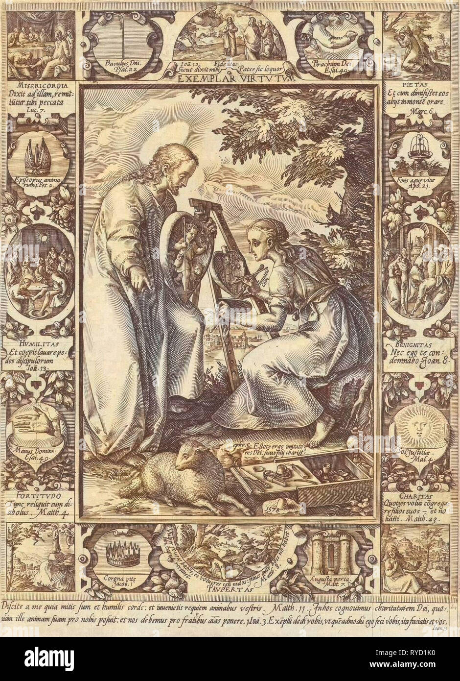 Eine Frau sitzt hinter einer Staffelei und malt das Christ Kind in einem Herzen am Beispiel, dass Christus ihr zeigt, ein Rahmen mit verschiedenen Tugenden Christi mit allegorischen Elementen, drucken Teekocher: Hendrick Goltzius, Dating 1578 Stockfoto