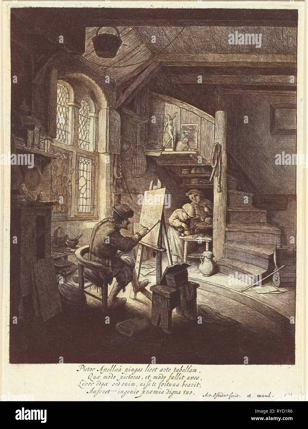 Maler in seinem Atelier, Adriaen van Ostade, anonym, 1645-1649 Stockfoto