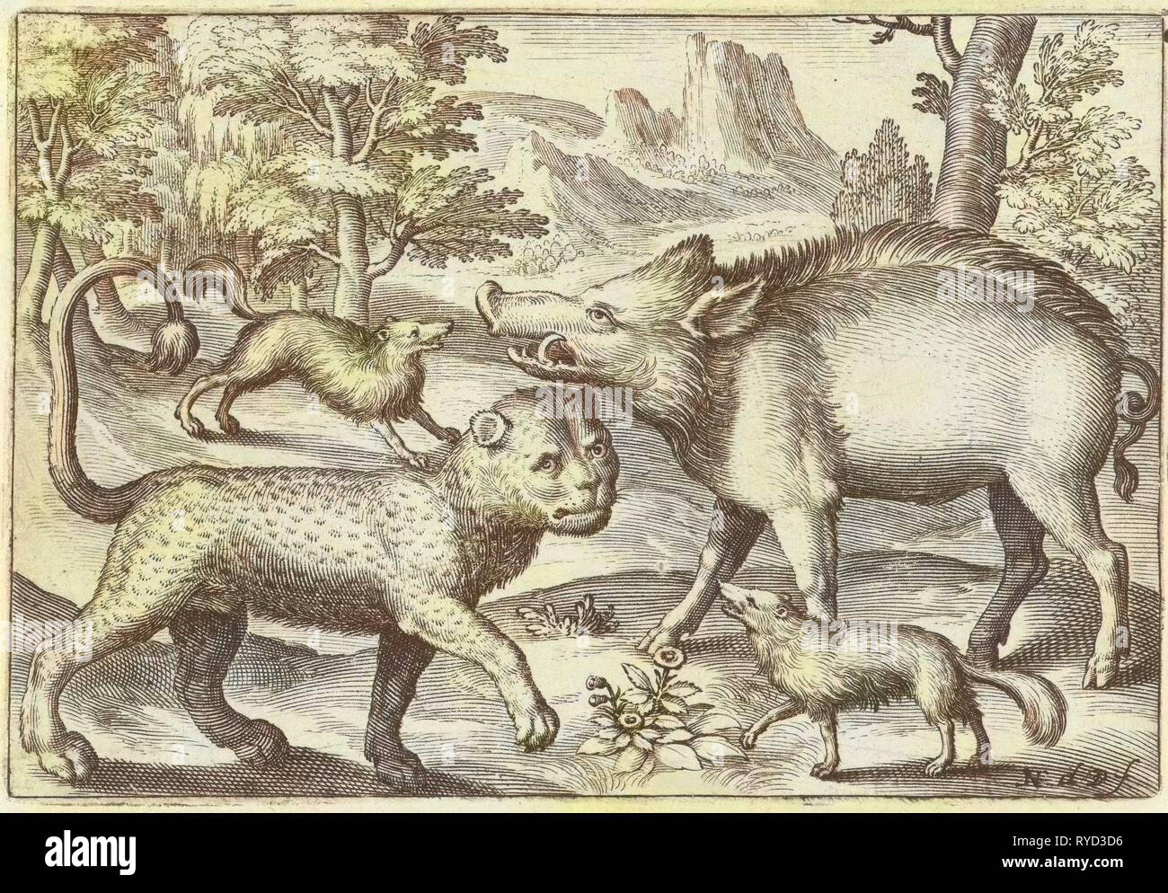 Leoparden, Eber und zwei Hunden, Nicolaes de Bruyn, 1594 Stockfoto