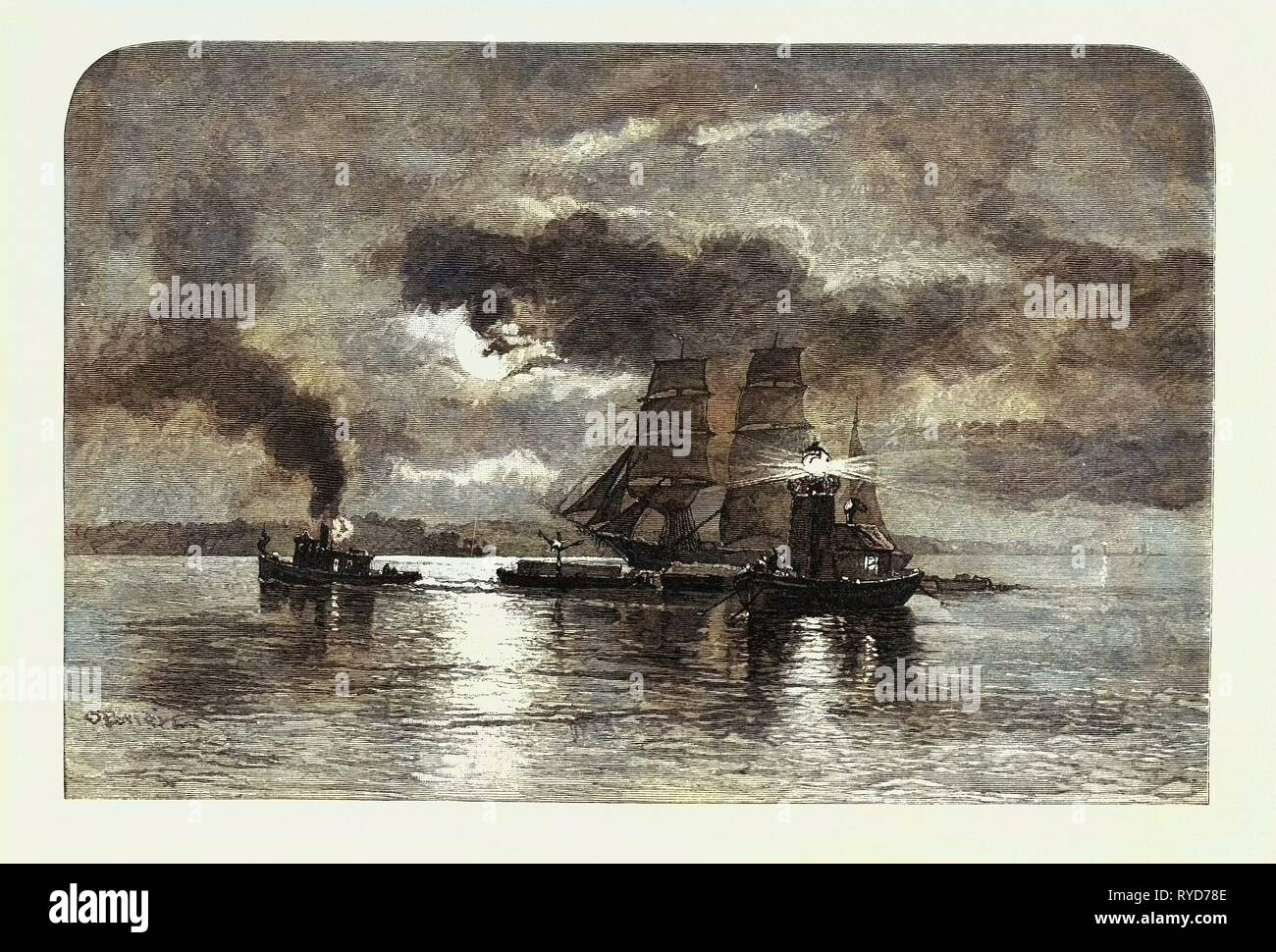 Kanadisches Französisch Leben, Light-Ship auf dem St. Lawrence, Kanada, 19. Jahrhundert Gravur Stockfoto