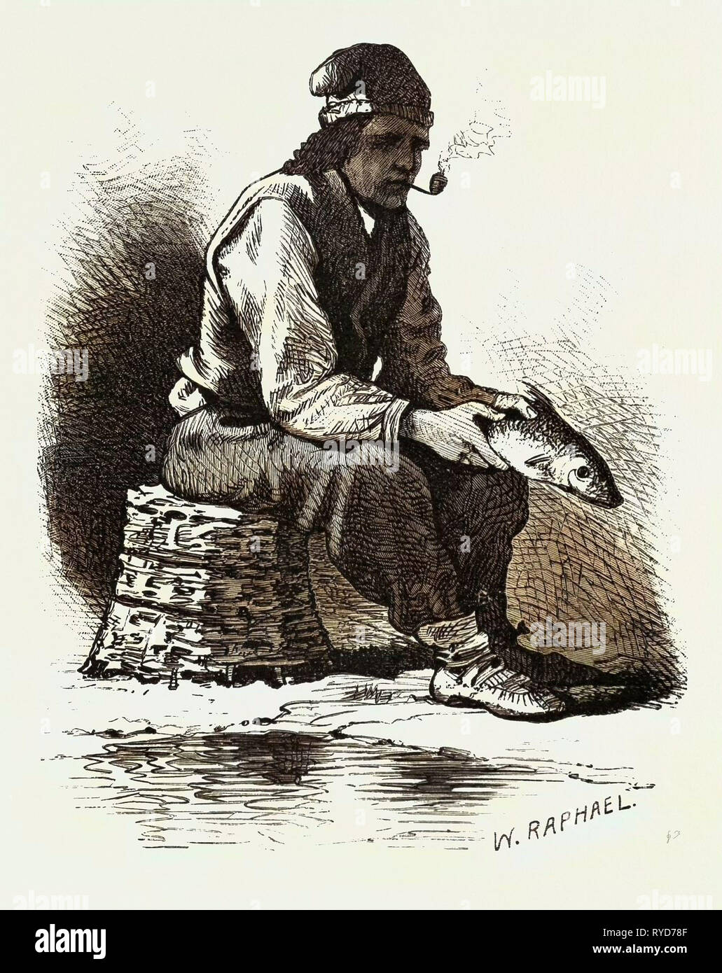 Kanadisches Französisch Leben, Half-Breed Fischer, Kanada, 19. Jahrhundert Gravur Stockfoto