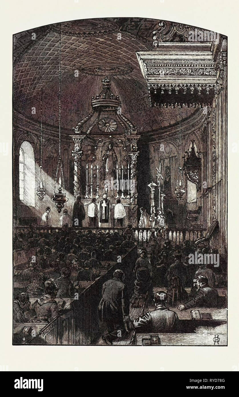 Kanadisches Französisch Leben, Interieur der Pfarrkirche, Kanada, 19. Jahrhundert Gravur Stockfoto