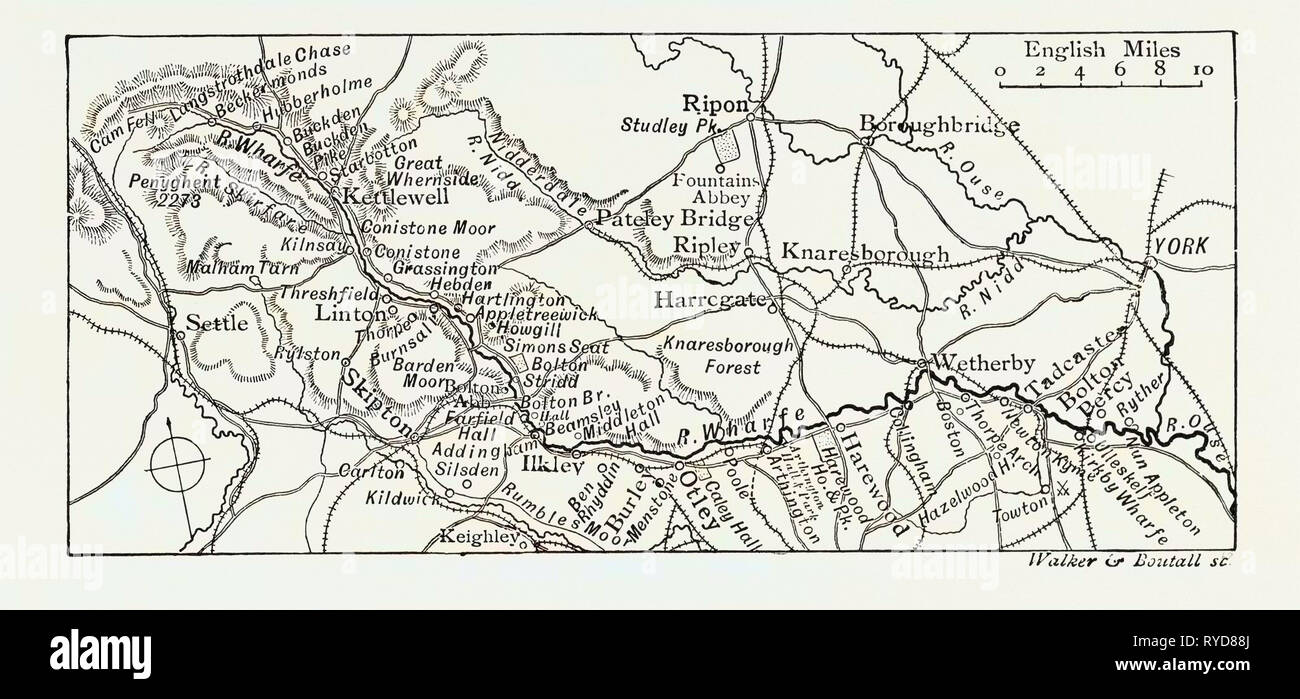 Karte von der Wharfe, UK. Die River Wharfe ist ein Fluss in Yorkshire, England. Für viel seiner Länge Es ist die Grenze zwischen der Grafschaft West Yorkshire und North Yorkshire. Der Name Wharfe ist keltisch und bedeutet Verdrehen, Wicklung Stockfoto