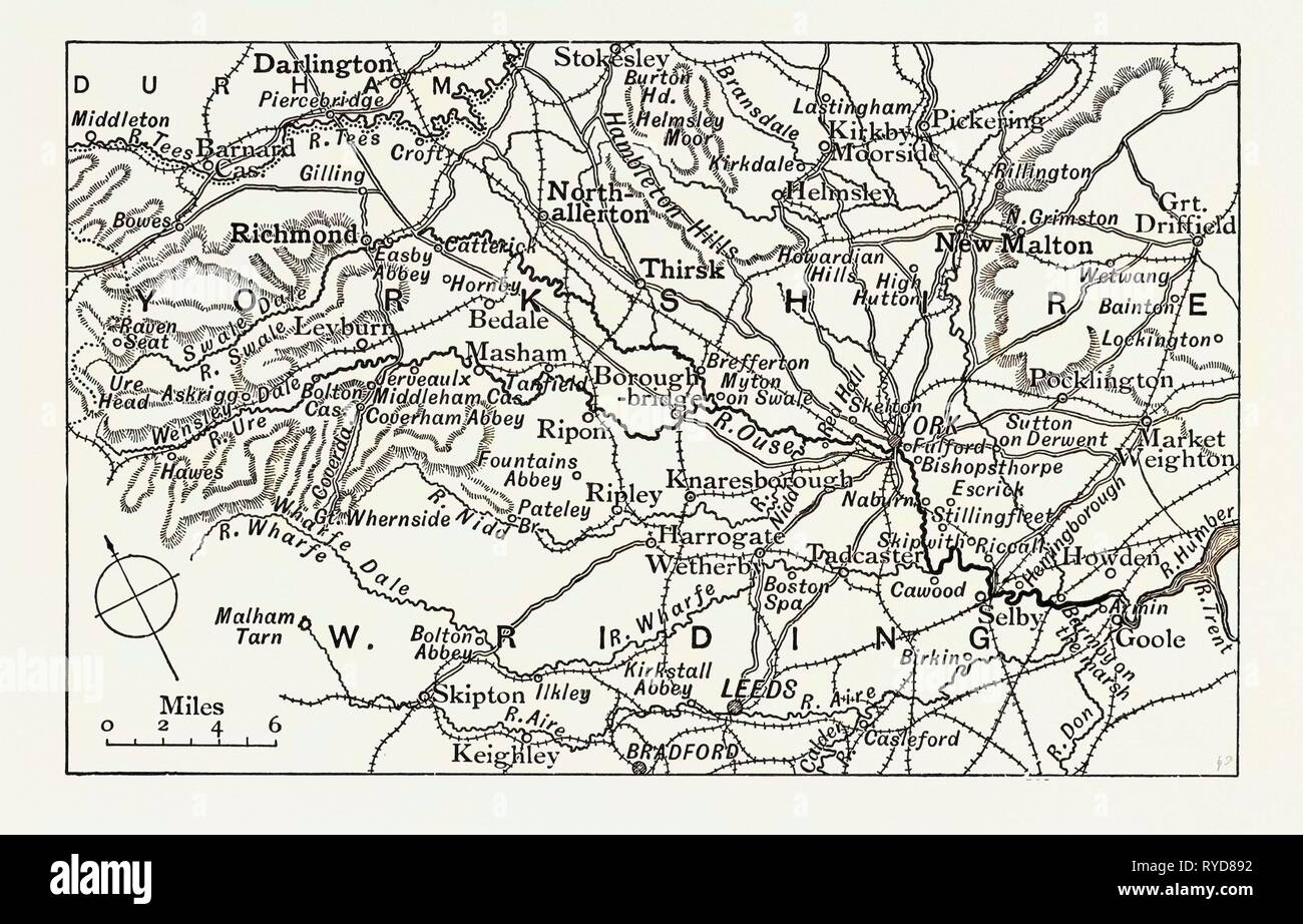 Karte von der Ouse, UK. Der Fluss Ouseis ein Fluss in North Yorkshire, England Stockfoto