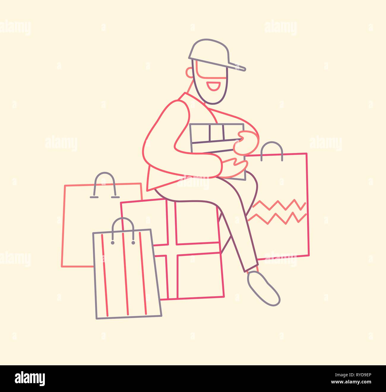 Bärtiger Mann mit viel Shopping Taschen mit erwerben. Saisonale Verkauf zu speichern. Dünne Linie flache Bauform, Vector Illustration. Stock Vektor