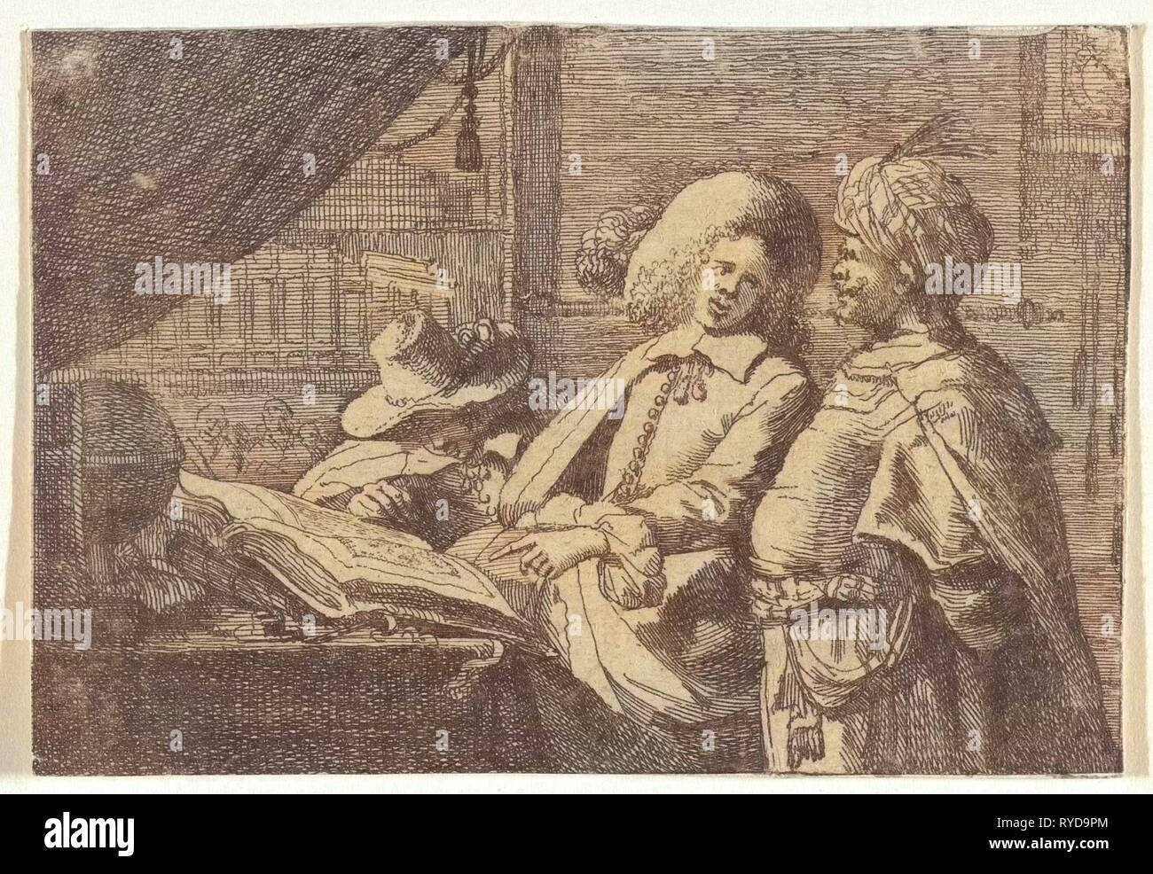 Drei Männer um ein Buch in einem Büro, Anonymous, 1600-1700 Stockfoto