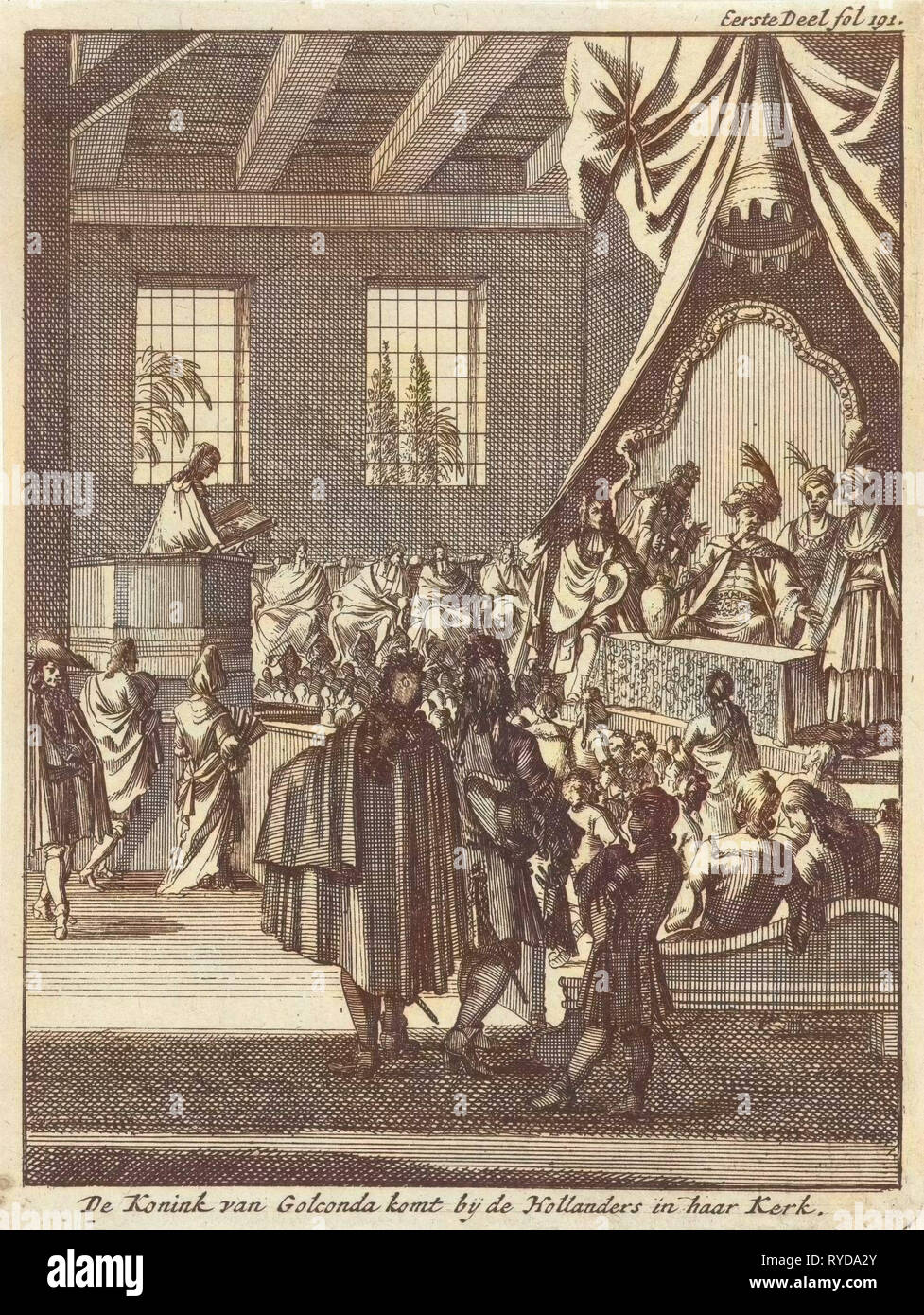 König von Golkonda Besuch Holländer in ihrer Kirche, Indien, Jan Luyken, Jan Claesz Ten Hoorn, 1693 Stockfoto