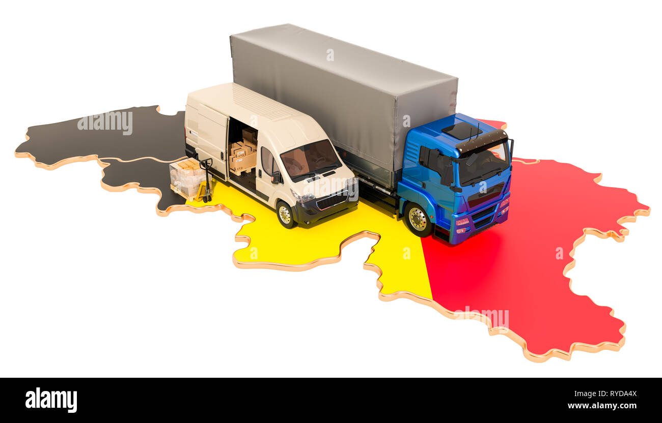 Versand und Lieferung in Belgien, 3D-Rendering auf weißem Hintergrund Stockfoto