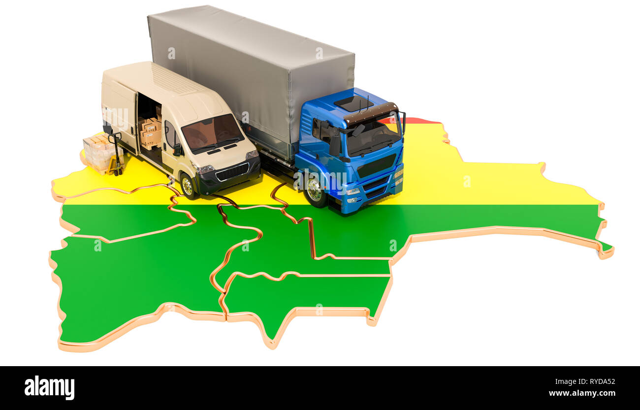 Versand und Lieferung in Bolivien, 3D-Rendering auf weißem Hintergrund Stockfoto