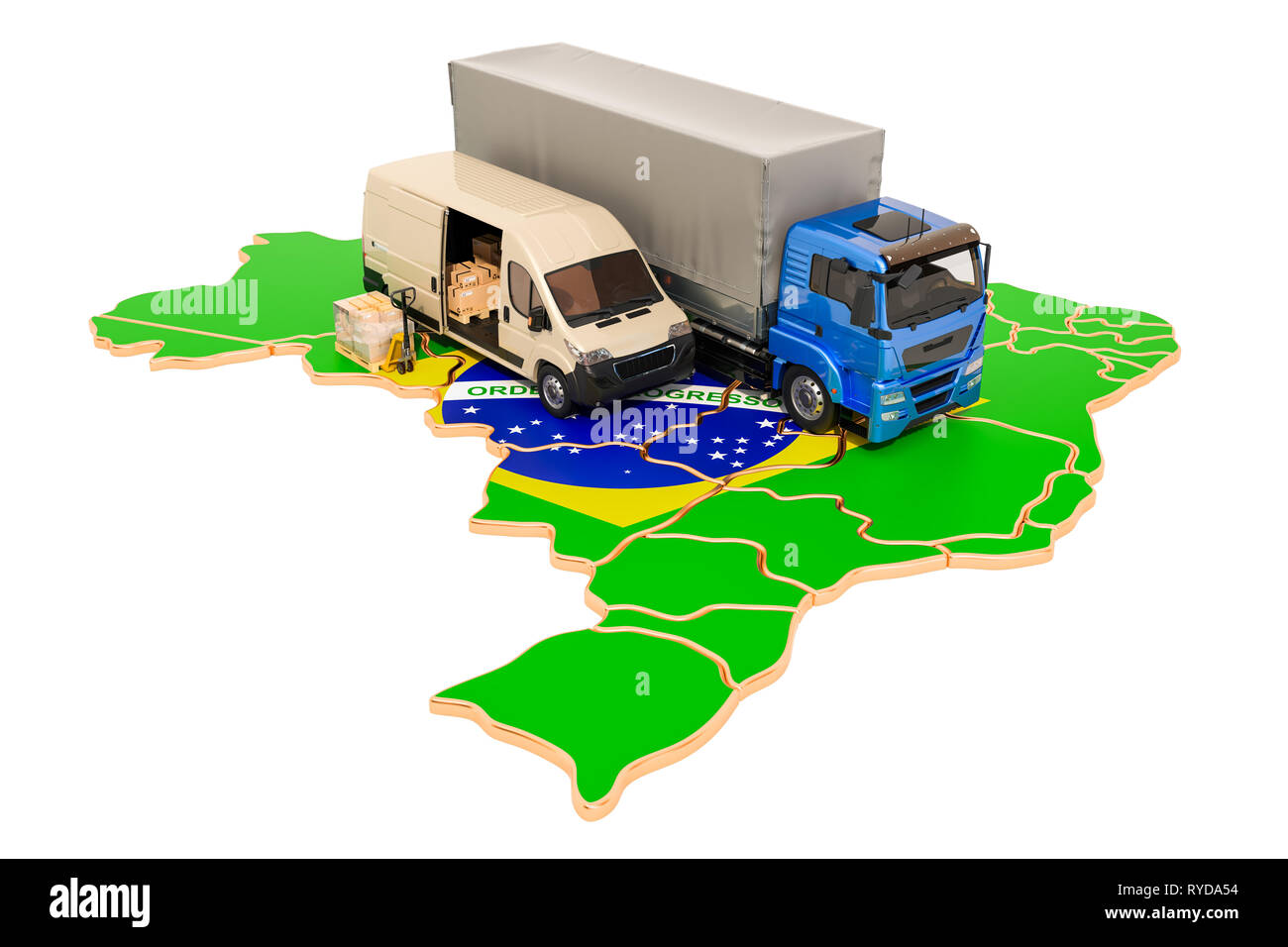 Versand und Lieferung in Brasilien, 3D-Rendering auf weißem Hintergrund Stockfoto