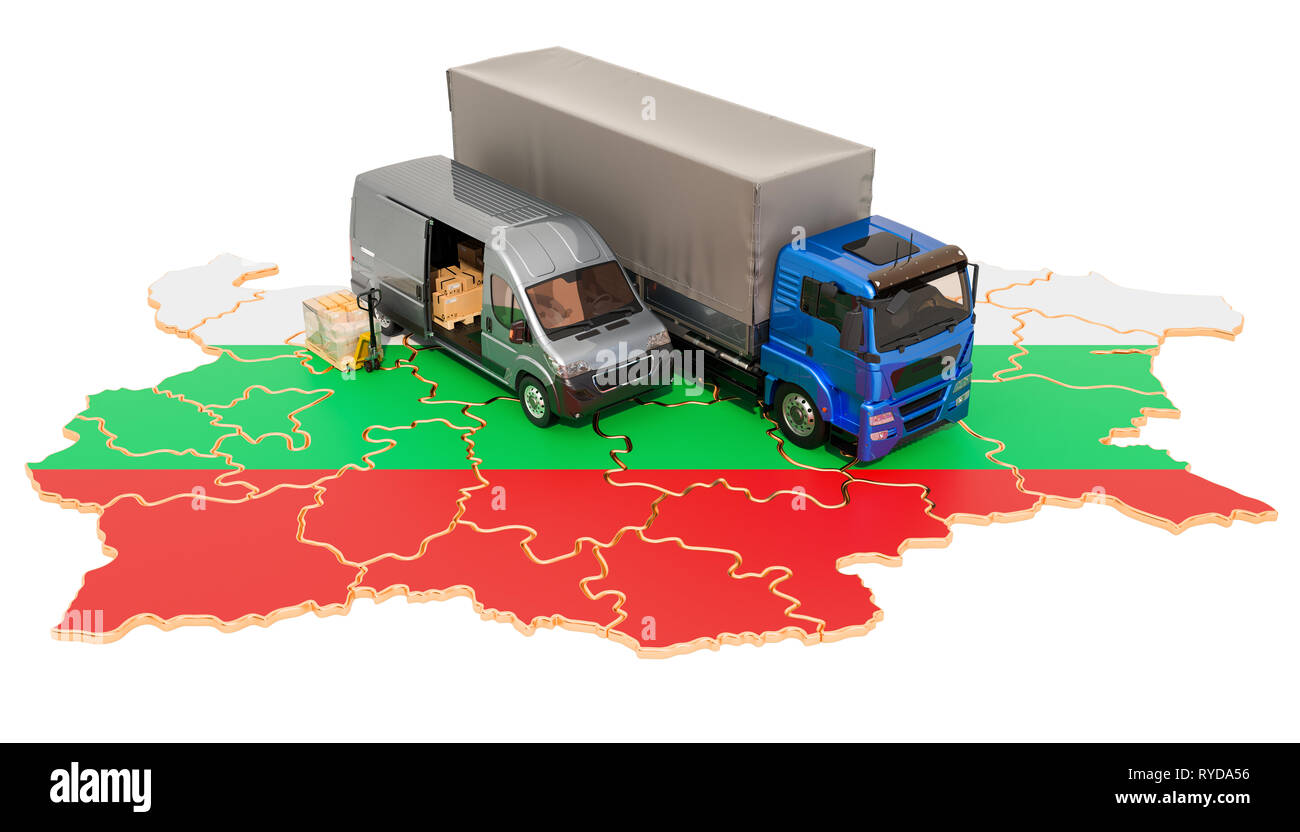 Versand und Lieferung in Bulgarien, 3D-Rendering auf weißem Hintergrund Stockfoto