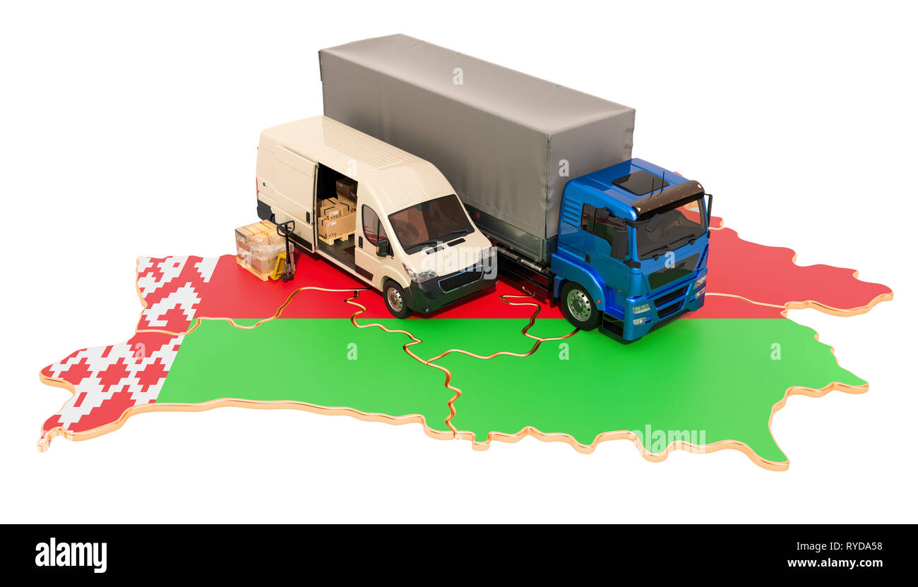 Versand und Lieferung in Weißrussland, 3D-Rendering auf weißem Hintergrund Stockfoto
