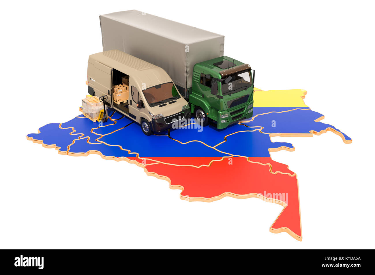 Versand und Lieferung in Kolumbien, 3D-Rendering auf weißem Hintergrund Stockfoto