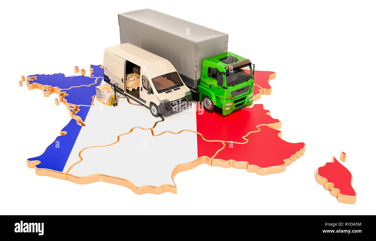 Versand und Lieferung in Frankreich, 3D-Rendering auf weißem Hintergrund Stockfoto