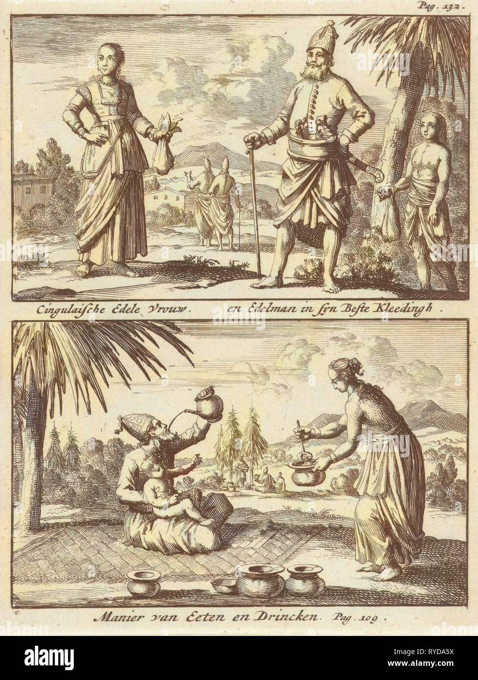 Singhalesischen Edelmann und Adlige, Art und Weise des Essens und Trinkens der Singhalesen, Jan Luyken, Willem Broedelet, 1692 Stockfoto