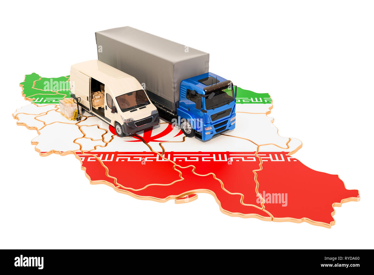 Versand und Lieferung im Iran, 3D-Rendering auf weißem Hintergrund Stockfoto