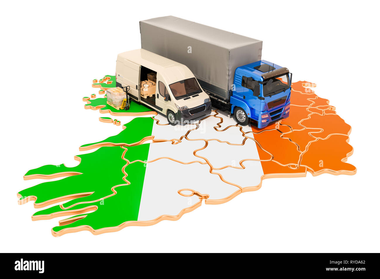 Versand und Lieferung in Irland, 3D-Rendering auf weißem Hintergrund Stockfoto