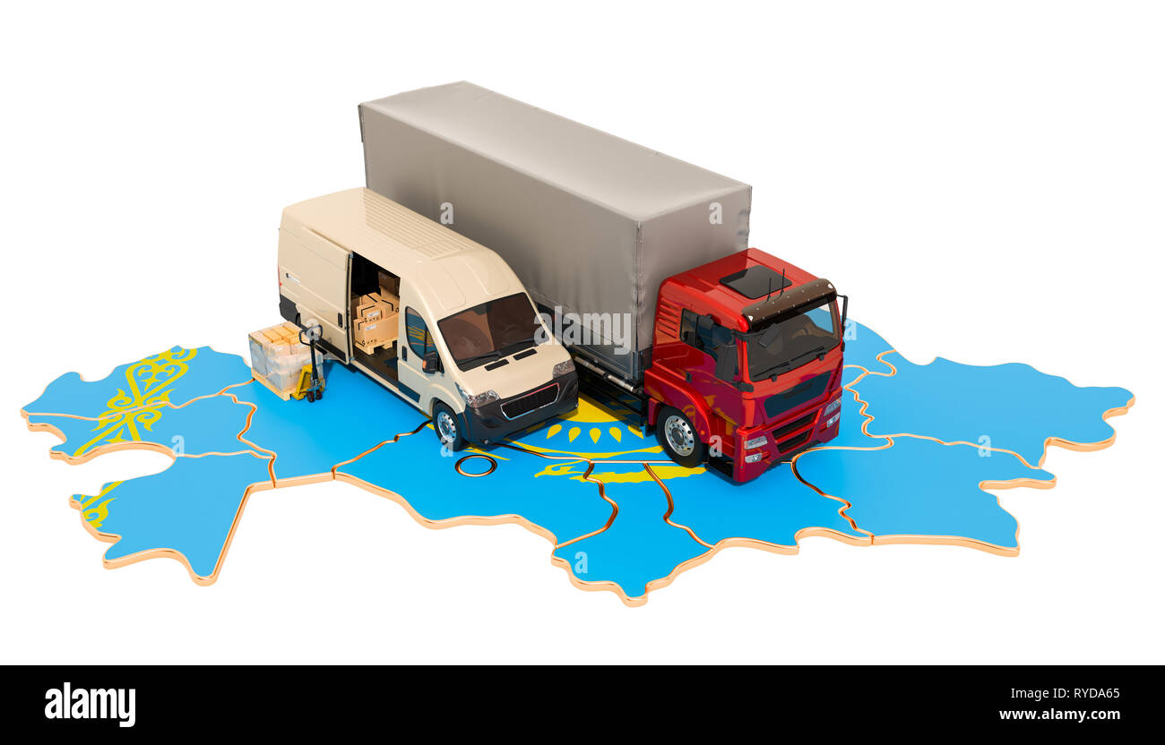 Versand und Lieferung in Kasachstan, 3D-Rendering auf weißem Hintergrund Stockfoto